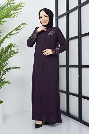 Büyük Beden Dantel Taş İşleme Detaylı Mürdüm Ferace